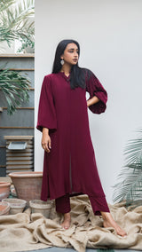 Maroon Ruby Lilen, 2 piece set from our Manto Aura Collection. It is a long, front-open kameez/ kurta with long balloon sleeves and trousers/ pajama pant